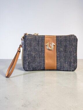 True Religion blue  Denim and Brown Leather Wristlet Clutch